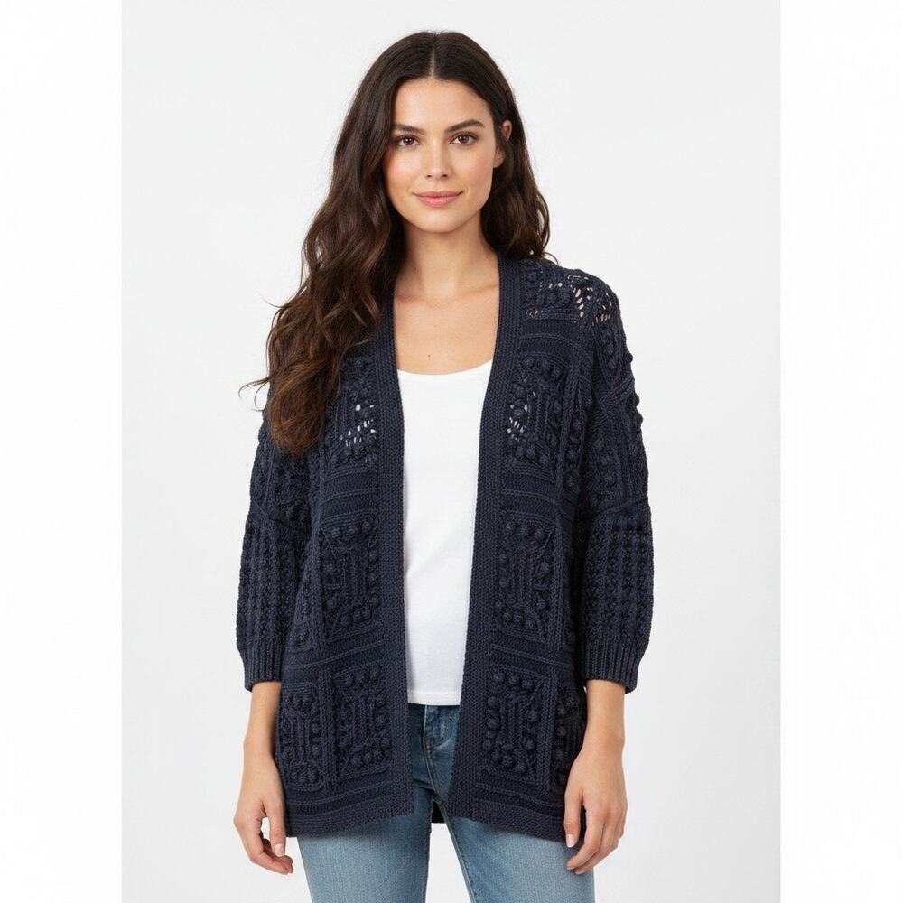Lucky Brand Open Knit Chunky Crochet Boho Cardigan Sweater Navy Blue Small